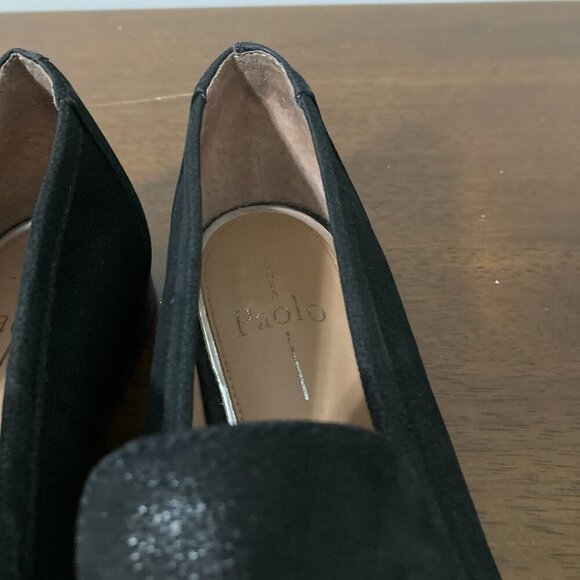 Linea Paolo Womens 9 1/2M Black Flat Loafters Silver Buckle Suede Classic Preppy - Picture 5 of 14